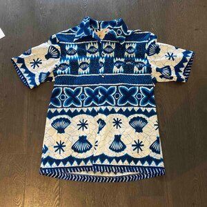 Vintage Polynesian Bazaar Blue White Seashell Hawaiian Shirt Size Medium